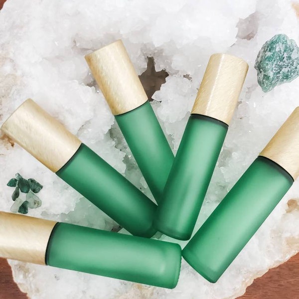 10 ML Green Frosted Glass Roller Bottles for Essential Oils, Perfume, Lipgloss. Luxe Brushed Aluminum Cap. Luxury Rollers High Quality.