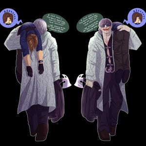 May include: A digital illustration showing a character in a long white patterned coat carrying a person over their shoulder. The character wears goggles and holds an axe. Speech bubbles contain the text: I JUST HAVE A FEW QUICK QUESTIONS, THEN WE CAN START YOUR TREATMENT... WE SHOULD ALSO GET THAT SNORING LOOKED INTO...