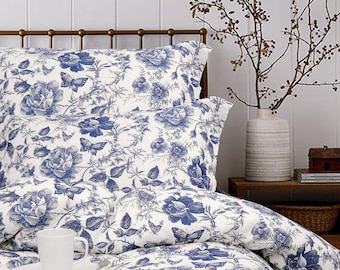 Linen Cotton Vintage Porcelain Rose Duvet Sham 3 Pieces Set Printed