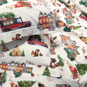 Ivory Ground Christmas Tree Farm Cotton Printed Duvet & Sham 3 Piece Set image 3