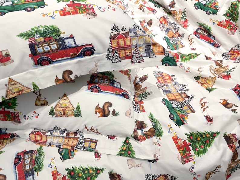 Ivory Ground Christmas Tree Farm Cotton Printed Duvet & Sham 3 Piece Set image 3