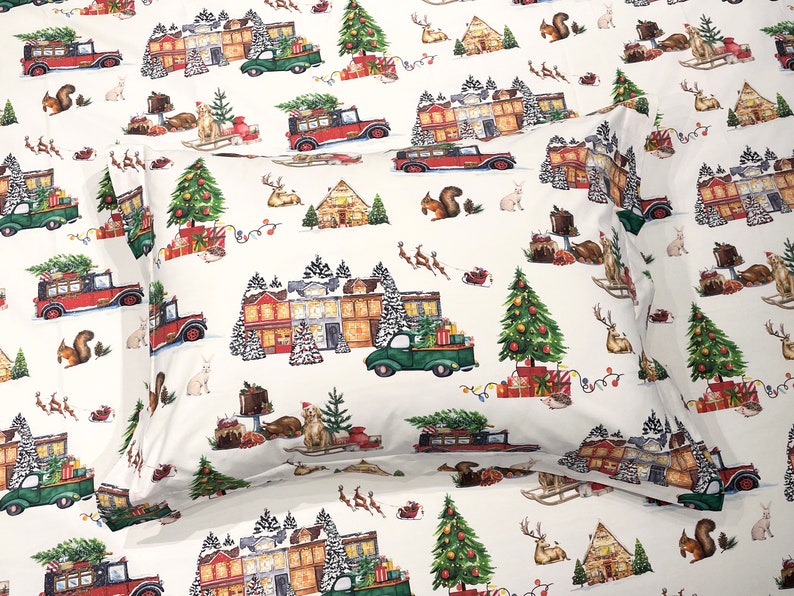 Ivory Ground Christmas Tree Farm Cotton Printed Duvet & Sham 3 Piece Set image 9
