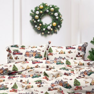 Ivory Ground Christmas Tree Farm Cotton Printed Duvet & Sham 3 Piece Set image 4