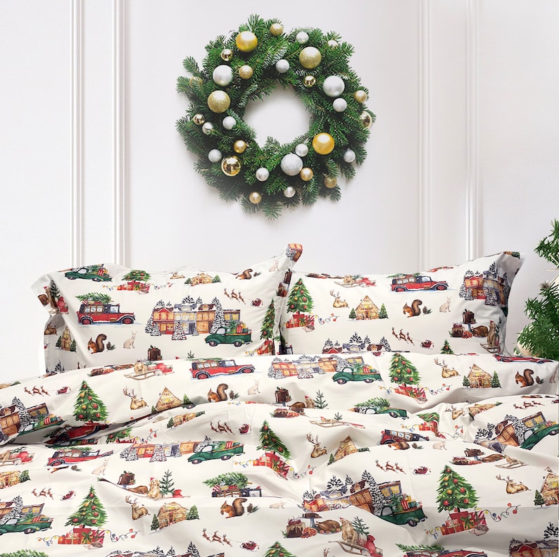 Ivory Ground Christmas Tree Farm Cotton Printed Duvet & Sham 3 Piece Set image 4