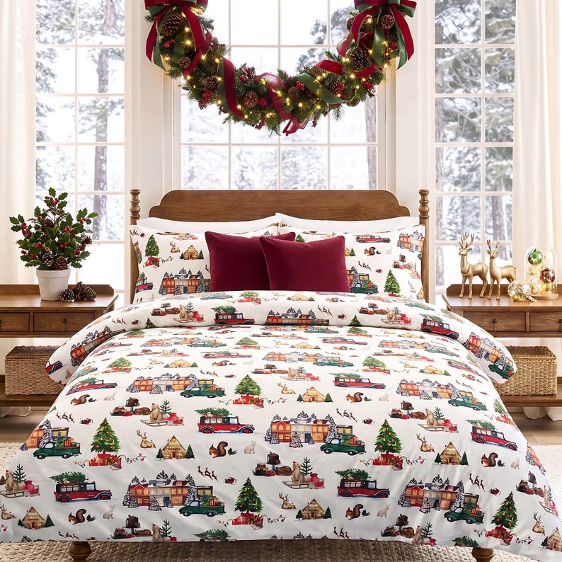Ivory Ground Christmas Tree Farm Cotton Printed Duvet & Sham 3 Piece Set image 2