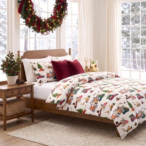 Ivory Ground Christmas Tree Farm Cotton Printed Duvet & Sham 3 Piece Set image 1