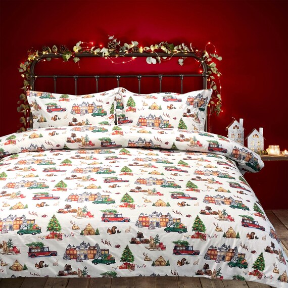 Ivory Ground Christmas Tree Farm Cotton Printed Duvet & Sham 3 Piece Set