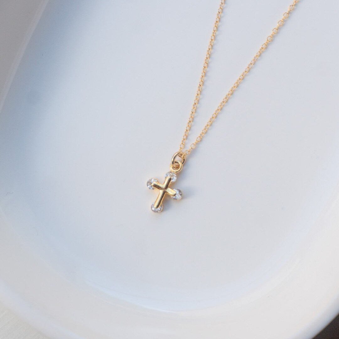 Tiny Cross Gold Necklace / Dainty Gold Necklace / Gold Cross Etsy