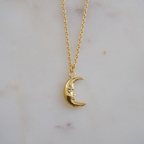 Gold Crescent Moon Face Necklace / Half Moon Pendant / Man in - Etsy
