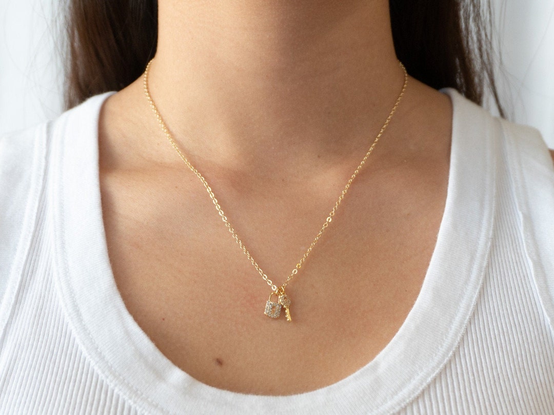 Gold Lock and Key Necklace / CZ Lock and Key Pendants / Dainty Gold