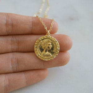 Gold Queen Elizabeth Medallion / Gold Coin / Long Gold Necklace to Layer / Queen Elizabeth Charm / GF2