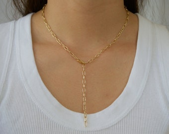 Gold Link Lariat Necklace / Paperclip Chain / Adjustable Y Necklace / Gold Rectangle Link / C13