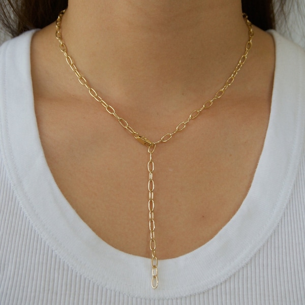 Gold Link Lariat Necklace / Paperclip Chain / Adjustable Y Necklace / Gold Rectangle Link / C13