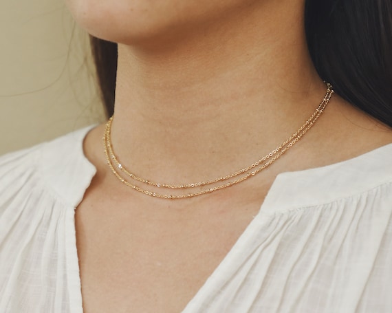 Gold Layering Choker Necklace Set, Gold Chain Necklace Set, Double