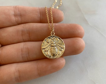 Bee Coin Necklace / Gold Bee Charm / Honey Bumble Bee Charm / GF4