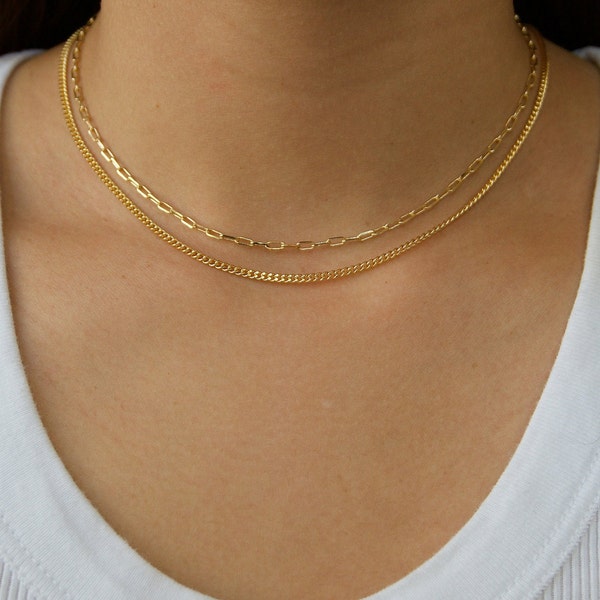 Paperclip Link Choker and Curb Chain Choker / Layered Gold Choker Necklaces / Gold Layer Necklace Set / S1