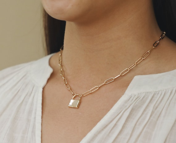 Gold Padlock Necklace Chunky Chain Lock Necklace Curb Chain 