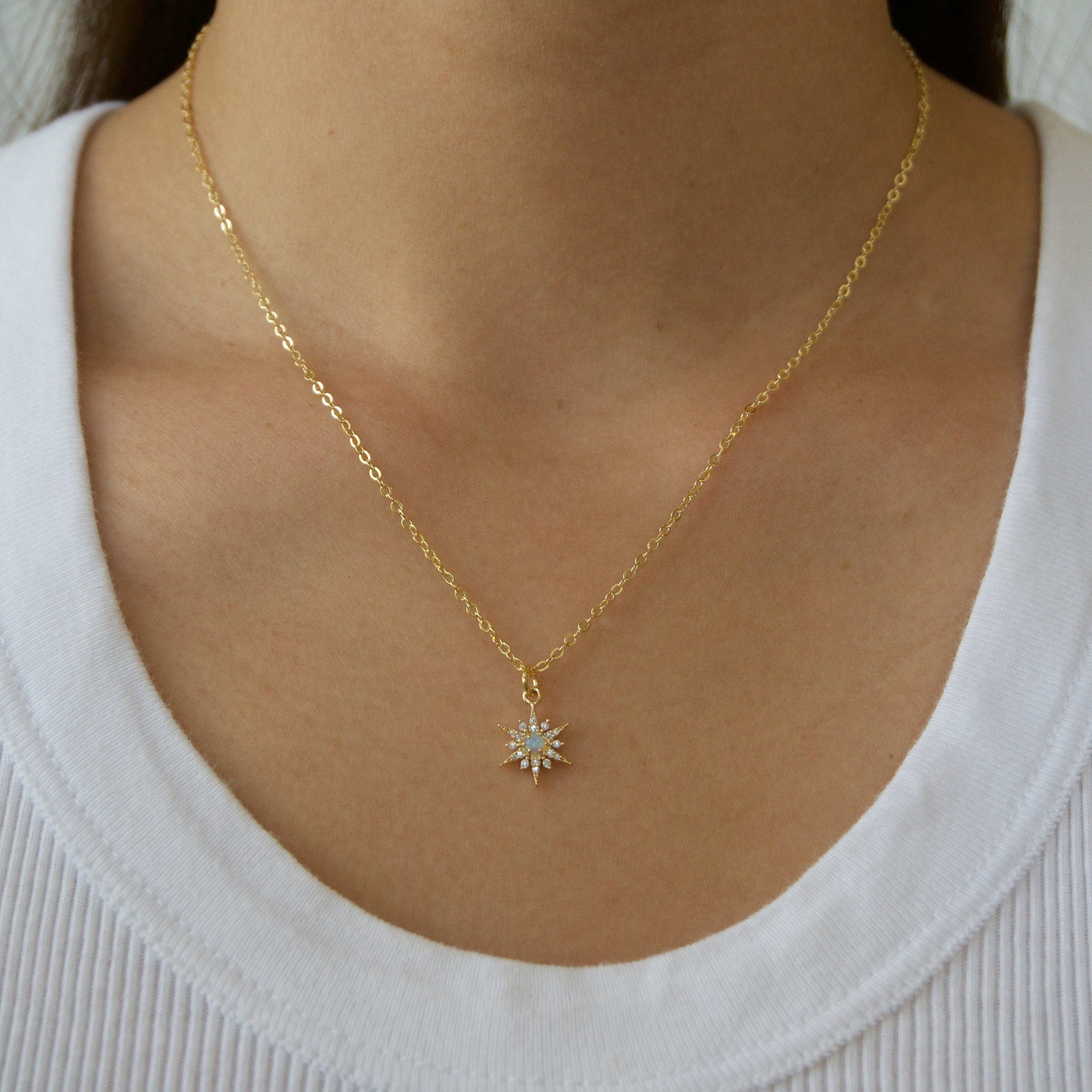 Opal Star Gold Necklace / Tiny Gold Necklace / Dainty Necklace Etsy