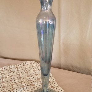 Irridescent Blue Glass Pedestal Vase 12"