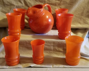 Vintage Anchor Hocking Ball Pitcher & 7 Glasses Orange Painted Glass 40s