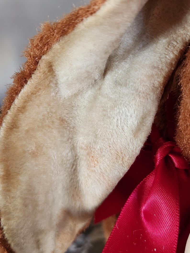 May include: Close-up of a plush toy's ear, featuring a soft, cream-colored interior with subtle brown markings. The ear is framed by brown fur and a vibrant red ribbon, suggesting a festive or decorative item.