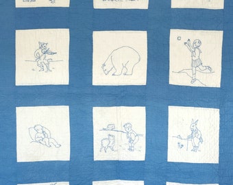 vintage Cousu à la main pour enfants Quilt Blue & White Nursery Rhyme Thème 43 x 53 CHARMING