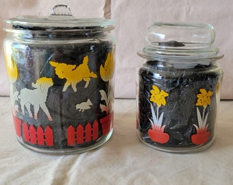 vintage Anchor Hocking Easter Barnyard Animaux et Fleur Cannister Jars Ensemble de Deux MAGNIFIQUES