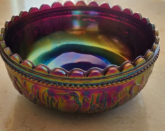 Vintage Carnival Art Glass Bowl LG Wright Stork and Rushes 8.5 Diameter SPECTACULAR