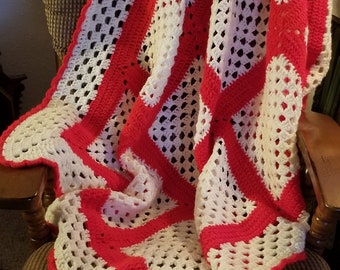 Hand Knit Crochet Afghan Throw Blanket in Red and White 60" x 47"
