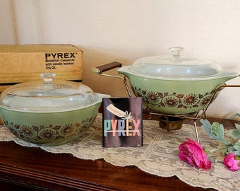 Vintage Pyrex Green Medallion with Cradle Complete MIB Original & Additional Green Medallion Cinderella Bowl with Lid - Set of 2 AWESOME
