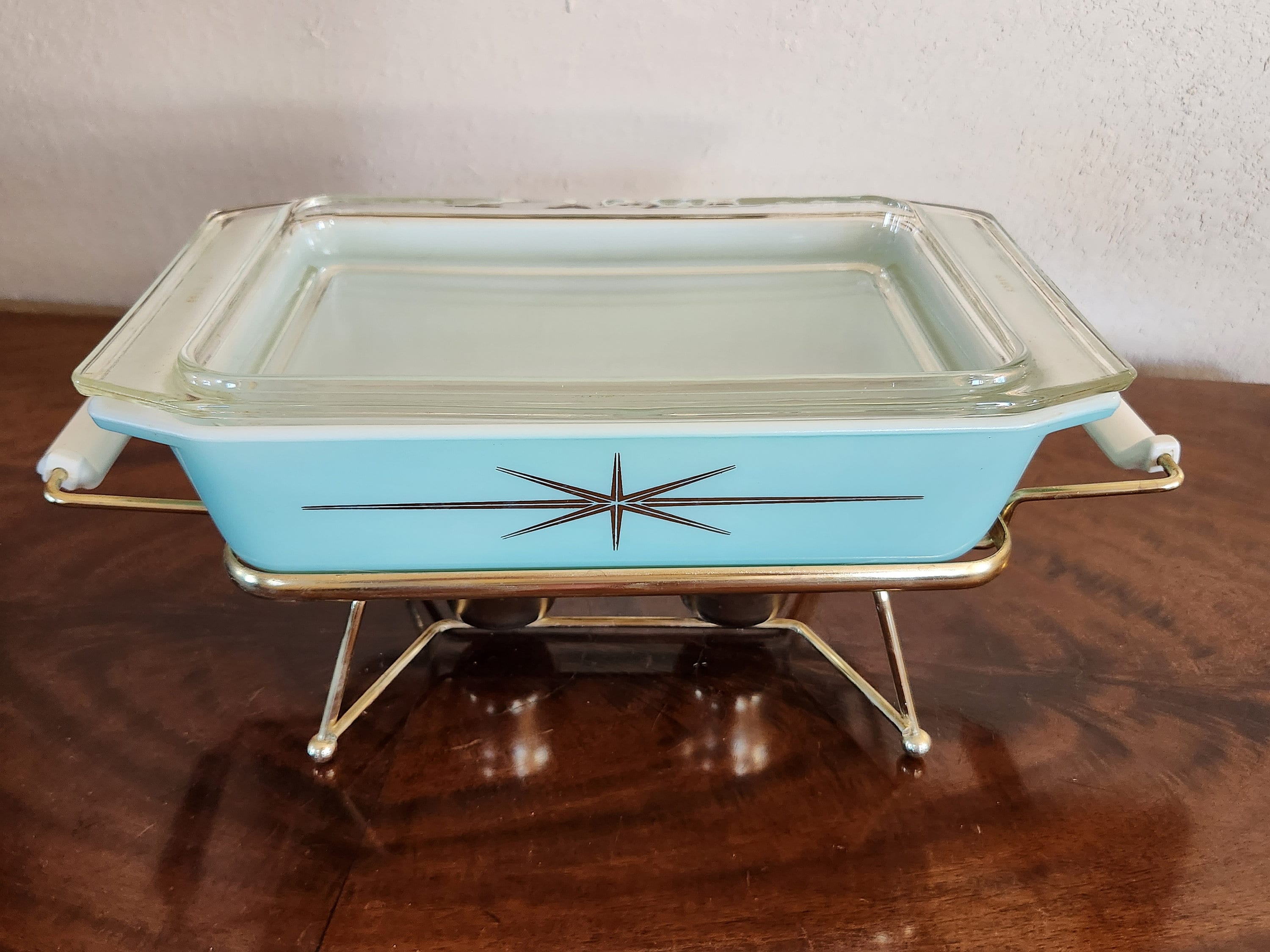 Vintage Pyrex Atomic Starburst Casserole with Double Candle