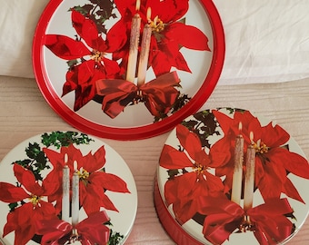 Ensemble de 3 boîtes vintage et plateau de 3 poinsettias et bougies des Fêtes NOSTALGIC