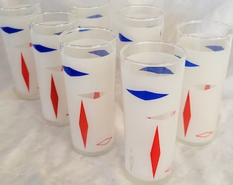 Vintage Hiball Glasses Set of 7 MCM Barware Frosted with Red and Blue Diamonds NICE