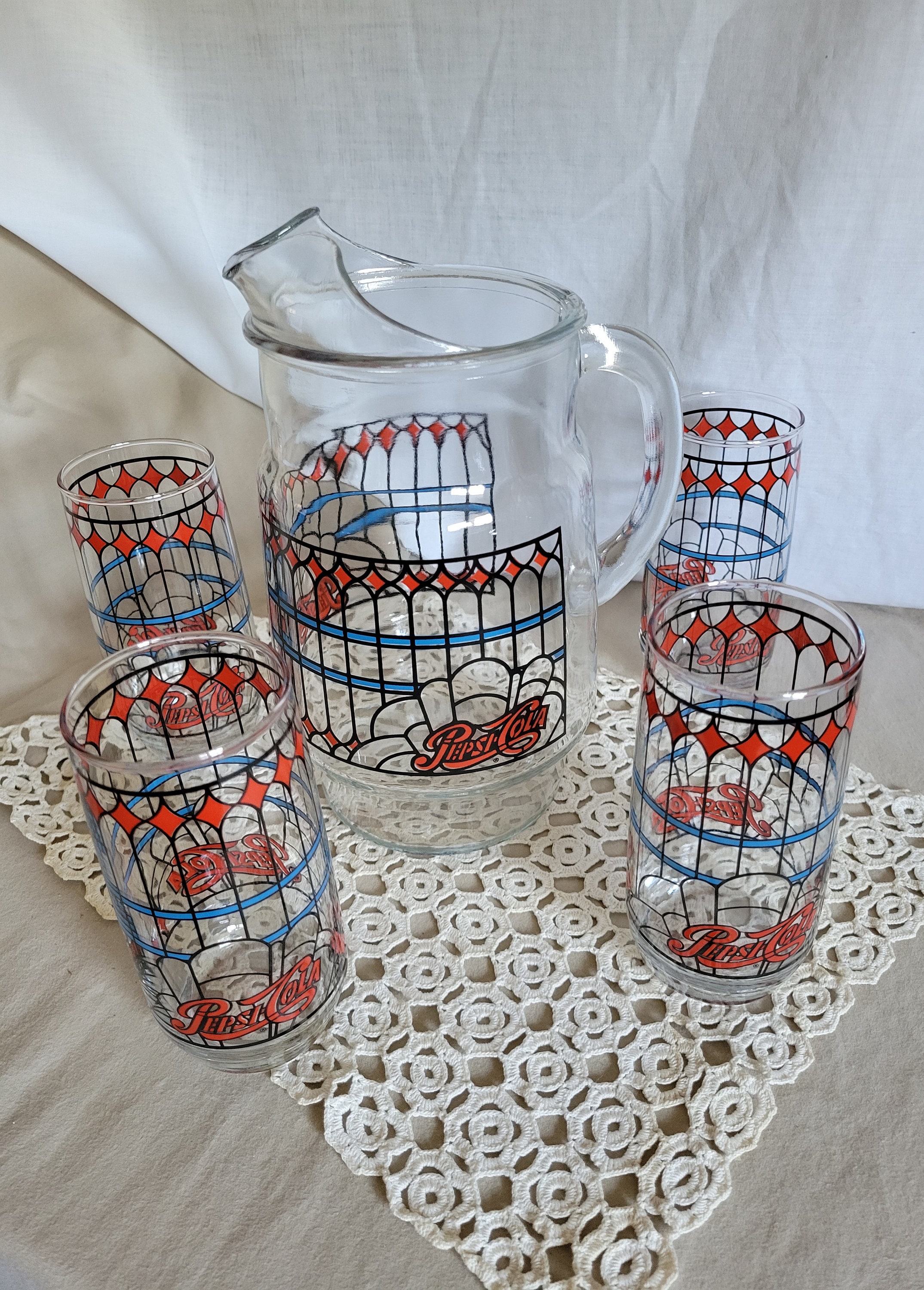 Vintage Pepsi Colatiffany Stained Glass Pitcher and Tumbler
