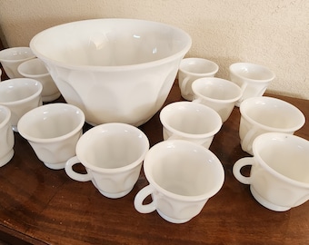 Vintage Milk Glass Punch Bowl Hazel Atlas Thumbprint Bowl 13 Piece Set with EXTRA cups in Original Box WOWWEE