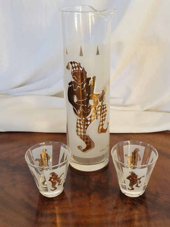 Vintage Cocktail Set Jester Harlequin Signed Helen Conroy MCM Barware FANTASTIC