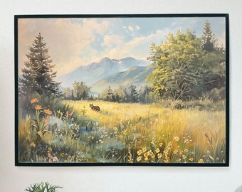 Vintage Bergwiesen-Landschaftsmalerei mit einer Katze, Malerei der Katze in der Natur, Katze in der Wiesenmalerei