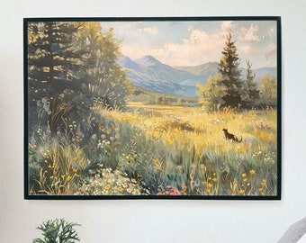 Vintage Bergwiesen-Landschaftsmalerei mit einer Katze, Malerei der Katze in der Natur, Katze in der Wiesenmalerei