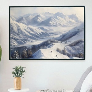 Mountain Ski Scene, Digital Ski Painting, Ski Painting Wall Art Digital Download