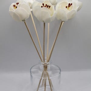 May include: A clear glass diffuser bottle containing several white flower-shaped reed sticks. Each stick features a white, multi-petaled flower head with dark brown stamens at the center, supported by a thin, light-colored wooden stem.