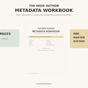 May include: The Indie Author Metadata Workbook is a 24-page guide and workbook featuring a master system for book descriptions, keywords, categories, and publishing details. The document includes a table for book identity, pricing, and retailer information.