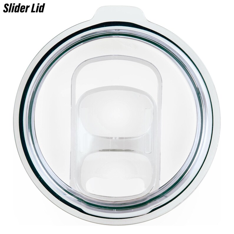 May include: Clear plastic slider lid for a tumbler. The lid has a silver rim and a green silicone seal.