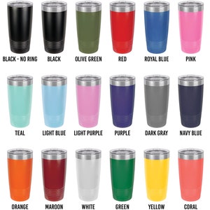 May include: A set of 16 different colored stainless steel tumblers with a black, white, or gray powder coated finish. The tumblers are arranged in four rows of four. The colors include teal, light blue, light purple, purple, dark gray, navy blue, orange, maroon, white, green, yellow, and coral.