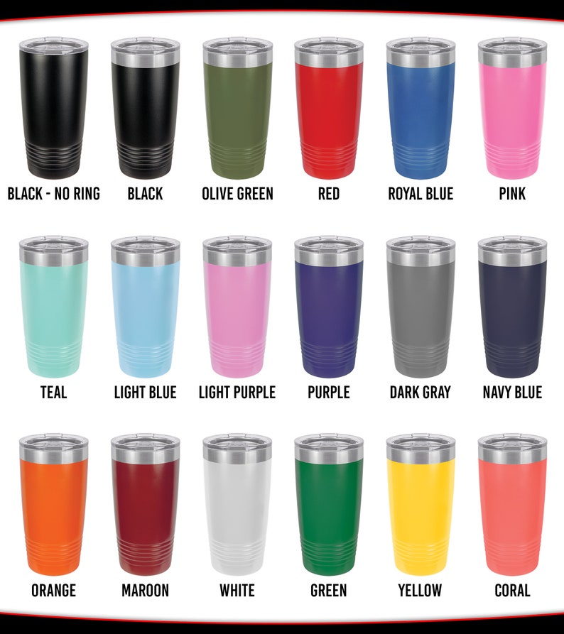 May include: A set of 16 different colored stainless steel tumblers with a black, white, or gray powder coated finish. The tumblers are arranged in four rows of four. The colors include teal, light blue, light purple, purple, dark gray, navy blue, orange, maroon, white, green, yellow, and coral.