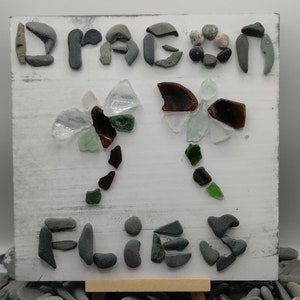 Dragonfly Picture, Rustic Beach Sign, Handmade Dragonfly Art, Sea Glass Dragonfly, Wooden Beach Sign, Dragonfly Gift, Pebble Art Dragonfly