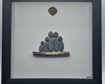 Family of Five Pebble Art: Framed Stone Family Portrait