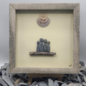 Family Of Four Pebble Art, Framed Family Pebble Art, Family Pebble Picture, Rock Art Family Portrait, Pebble Art Gift For Parents