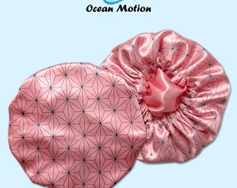 Pink Abstract Anime Satin Bonnet for Curly Hair, Silk Sleep Cap, Natural Hair Protection, Cute Gamer Girl Gift, Ocean Motion