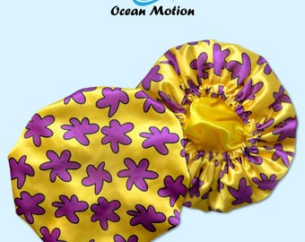 Purple Floral Anime Satin Bonnet for Curly Hair, Silk Sleep Cap, Cosplay Hair Protection, Cute Anime Gift for Her, Ocean Motion