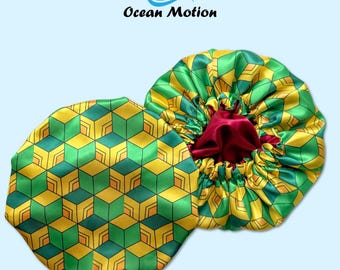 Green Anime Satin Bonnet for Curly Hair, Silk Sleep Cap, Cosplay Hair Protection, Kawaii Anime Gift, Natural Hair, Ocean Motion